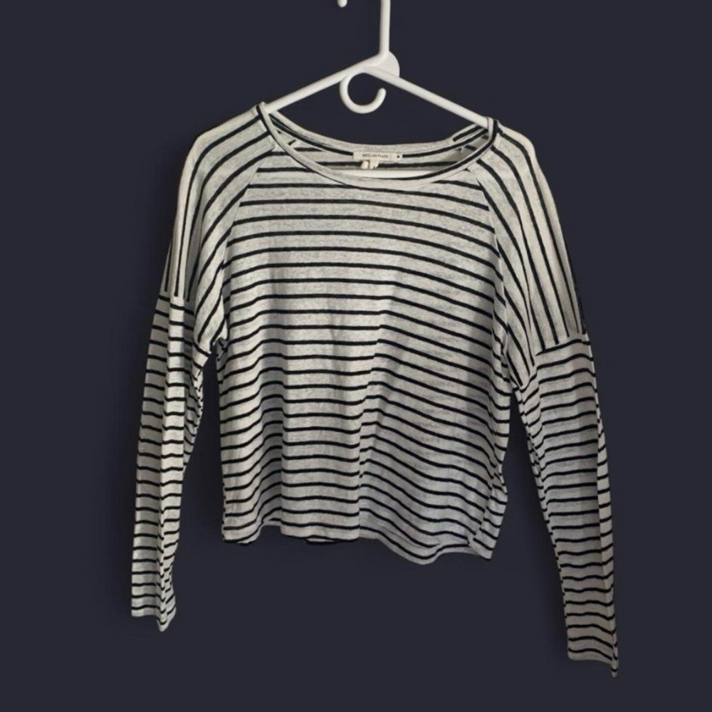 💕 Avec les filles  striped raglan long sleeve top size medium linen blend white